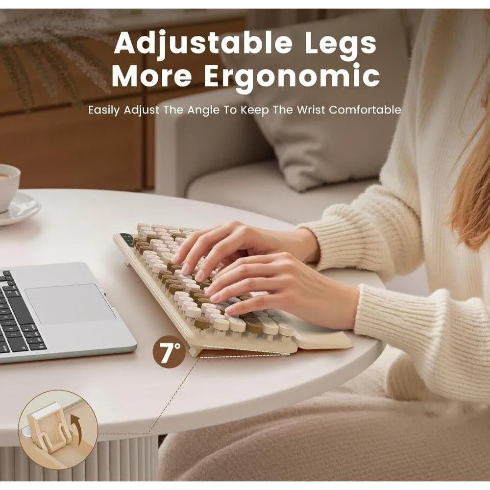 Wireless Keyboard Latte Round Keycaps, Retro Typewriter Detachable Wrist Rest